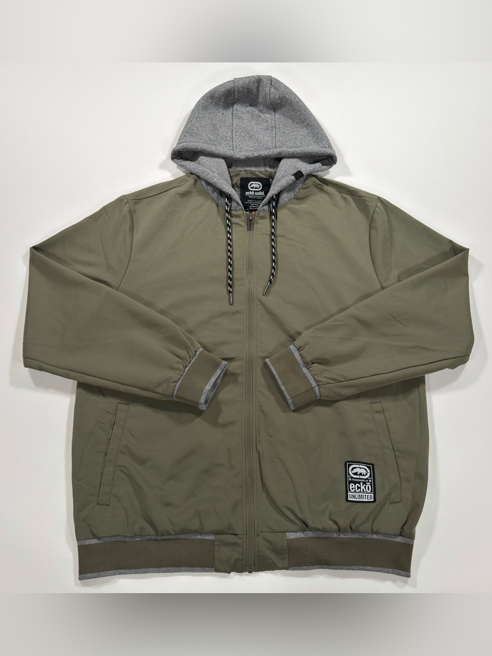Ecko Unltd Mens Hooded Bomber Jacket Size XL Olive Green Full Zip Windbreaker